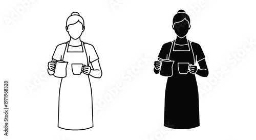 Two depictions of a woman holding mugs a stylistic silhouette