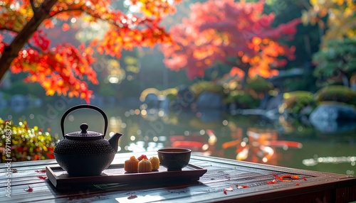 Japanese Tea Set Kyoto Temple Koi Pond
