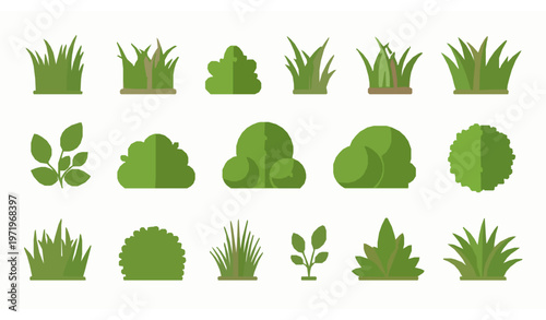 Flat green grass and bush collection with various natural plant elements and garden shrubs vector illustration