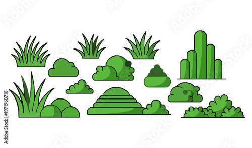 Hand drawn grass and bush doodle set with natural green plants and garden foliage vector illustration