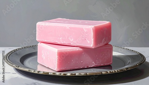 Two stacked pink bars of soap rest on an ornate, silver platter