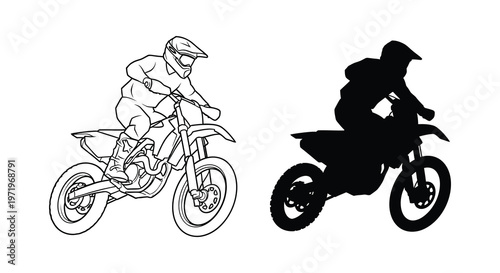Motorcycle rider in action detailed drawing and stark black silhouette