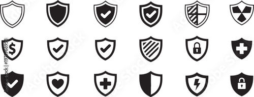 Shield with check mark icon vector set, security protection shield with tick, secure lock symbol, privacy and safety concept, editable scalable illustration