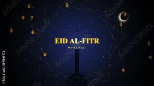Animated Eid al-Fitr greeting text with glowing lanterns and moon on a starry night sky, festive Islamic celebration background