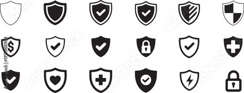 Shield with check mark icon vector set, security protection shield with tick, secure lock symbol, privacy and safety concept, editable scalable illustration