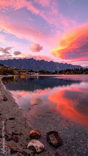 Lake reflects a vibrant sunset behind distant mountains and foliage