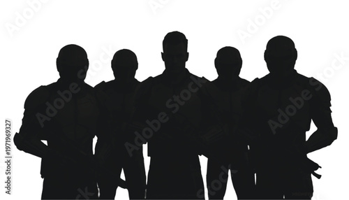Group of five male figures in silhouette stand together with shoulders touching, isolated.