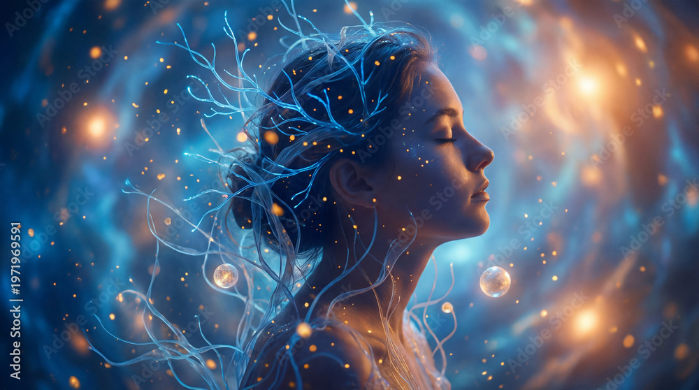 Fototapeta premium A peaceful woman with a bioluminescent network emerging from her head, surrounded by sparkling particles against a cosmic background, representing connection to the universe. Generative AI.