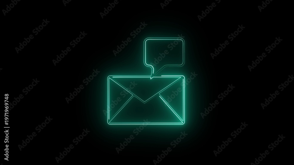 Fototapeta premium Neon green email with speech bubble on black background envelope