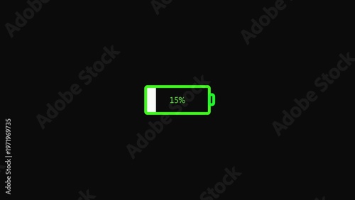 Foto Low battery with 15 percent charge on black background charging green