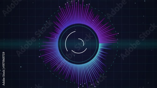 Circular audio spectrum visualizer pulsing with vibrant purple and cyan light waves, digital sound equalizer interface