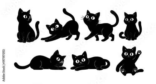 Monochrome Cat Silhouette Vector Set – Cute Black Kitties with Big Eyes and Two Paws in Playful Cartoon Style
