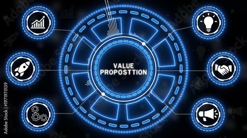 Animated value proposition concept with business icons arranged on a glowing neon backdrop.4k Animation.
