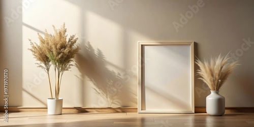 Sunlit Interior with Blank Frame and Dried Pampas Grass Decor