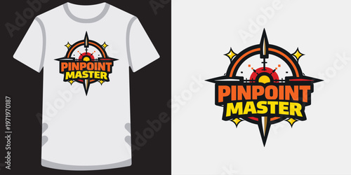 Pinpoint master logo, modern compass gaming emblem, shooter game identity with target.
