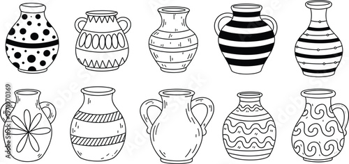 Decorative Ceramic Vases Collection with Ornamental Patterns, Hand Drawn Line Art Illustration Set for Home Decor, Pottery, Interior Design, and Craft Concepts