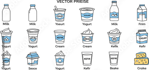 Dairy Products Icons Collection with Milk, Yogurt, Kefir and Cheese, Flat Food Illustration Set for Grocery, Packaging, Healthy Nutrition, and Organic Food Design
