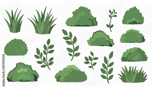 Modern green grass and bush vector set with stylized garden plants and landscape elements illustration