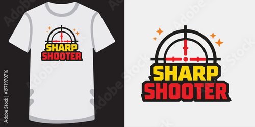 Sharp shooter t-shirt design and logo with a crosshair target graphic.