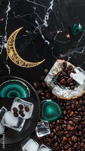 A mystic scene with coffee, gems, ice, and a crescent moon