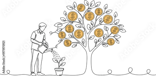 Financial Growth Concept with Money Tree and Investment Strategy, Line Art Illustration of Wealth Building, Savings and Passive Income