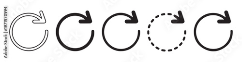 Circle arrow refresh reload set icons in flat outline style and dotted lines for web site and mobile app.