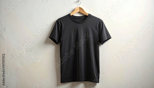 Plain black t-shirt hangs on wooden hanger against textured white wall