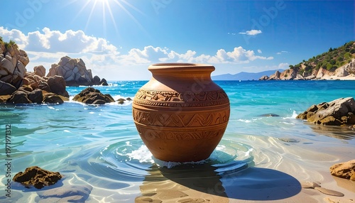 A terracotta pot sits in shallow water on a sunny, picturesque beach