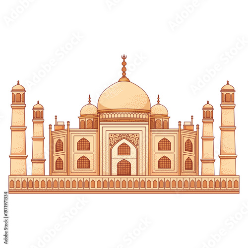 Historic Taj Mahal monument illustration in a vintage hand drawn style