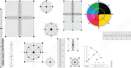 A collection of graphic design and engineering measurement tools including rulers, calibration circles, and scales