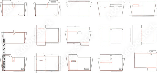 A set of five different file folder designs shown from the front and side with dotted lines indicating folds