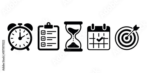Black and white of alarm clock clipboard hourglass calendar and target checklist in white background