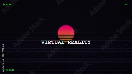 Retro virtual reality grid landscape with pixelated sun and glitches, evoking 80s synthwave aesthetic