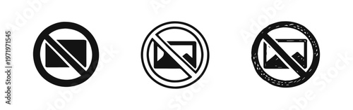 Missing Image Placeholder Icon Set with Prohibition Sign in Three Styles