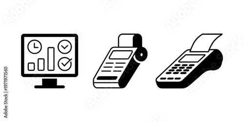 Black and white of computer monitor payment terminal and receipt printer screen clock chart in white background