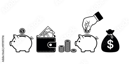 Black and white of piggy banks coins wallet and money bag dollar sign in white background