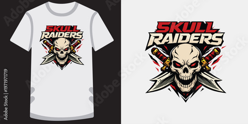 Skull raiders t-shirt design with crossed swords and aggressive skull, perfect for gamers.