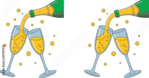 Champagne toast icons vector set, clinking glass celebration visuals, festive pouring design, bubbly party graphics, New Year cheers, editable scalable illustration