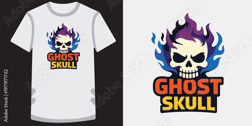 Skull with flames and text ghost skull logo vector illustration.