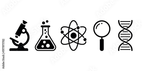 Black and white science including microscope beaker atom magnifying glass and D N A in white background