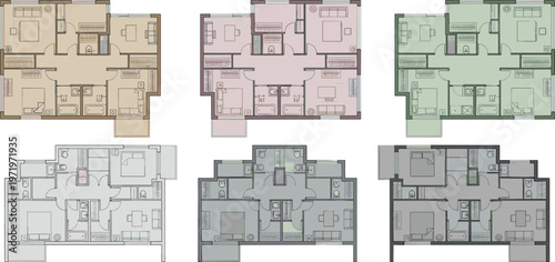 Six different colored architectural floor plan layouts for apartments with furniture and fixtures