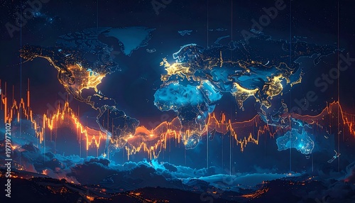 A digital world map with glowing orange and blue lines
