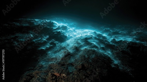 faint. Deep sea canyon illuminated by bioluminescent jellyfish in blue tones. travel magazines, destination branding, designed for travel destination branding, used by policy analysts.