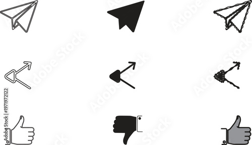 Minimalist social media icon set featuring paper plane share and thumbs up down symbols in solid and outline styles