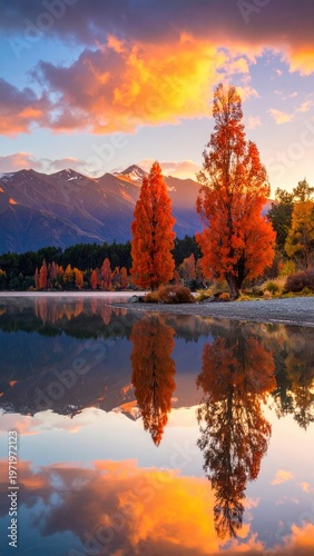 Vibrant autumn trees reflected in serene lake beneath colorful sky