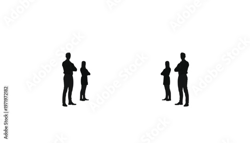 Two pairs of silhouetted figures stand apart, suggesting distance or separate discussions.