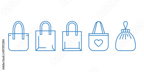 Blue line of five different shopping bags line outline tote bags heart in white background