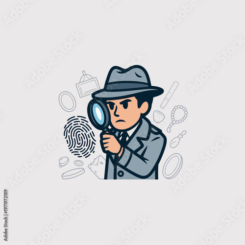 Cartoon detective inspecting fingerprint evidence with magnifying glass in classic trench coat and fedora hat style vector illustration for mystery and crime investigation