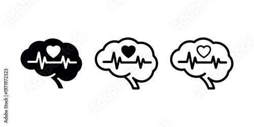 Brain with heart and ecg line black and white line heartbeat in white background