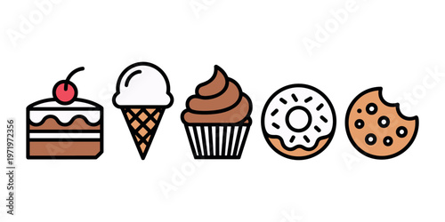 Cartoon dessert with cake ice cream cupcake donut and cookie sweet in white background